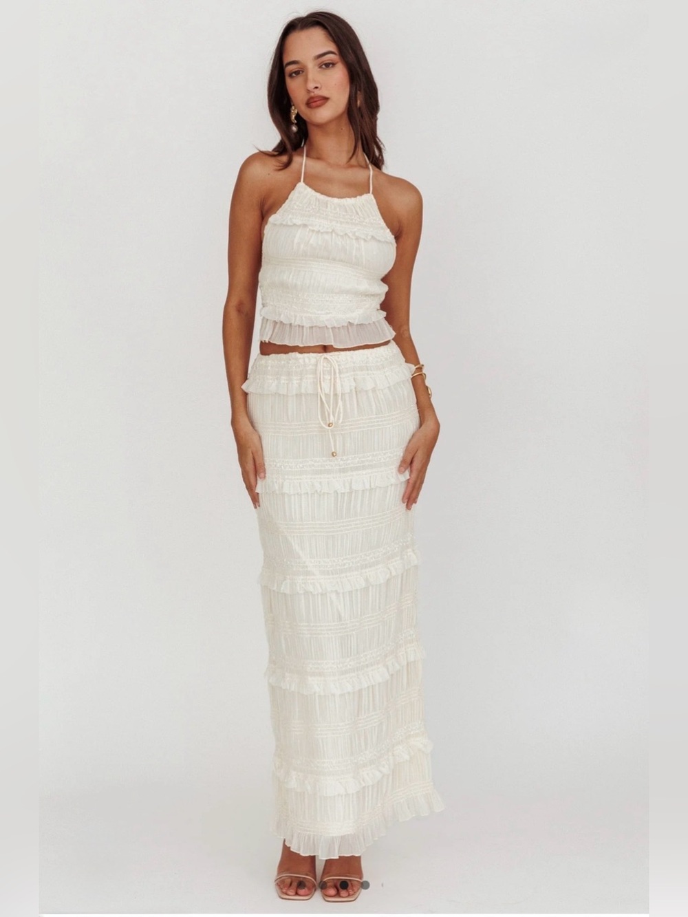 Selfie Leslie Helios Shirred Sequin Halter neck top and maxi skirt set